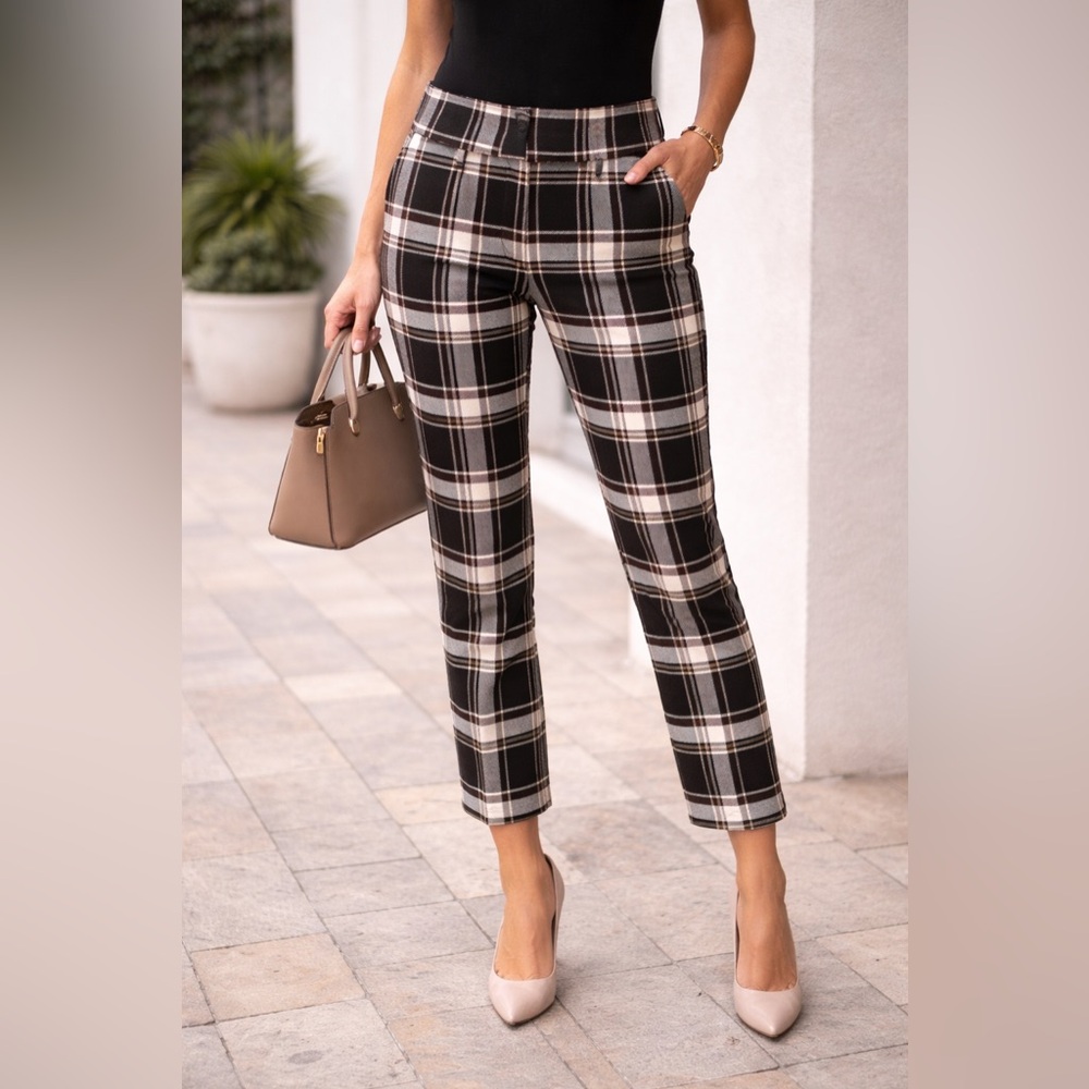 Cato Plaid Pants | Mid Rise Pull-On Stretch | Black Brown White Dress Pants